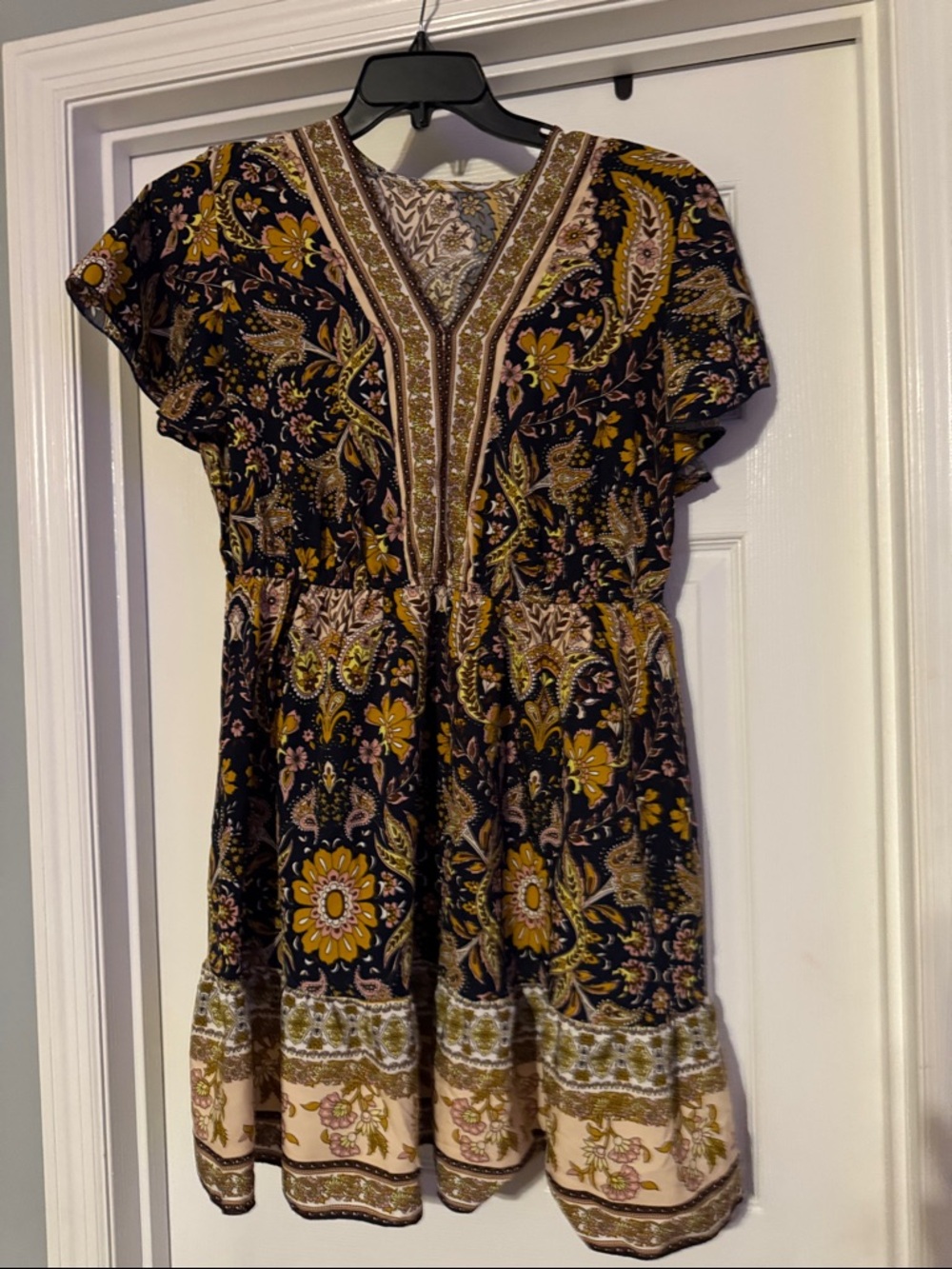 Paisley V-Neck Short Sleeve Mini Dress in Black and Mustard